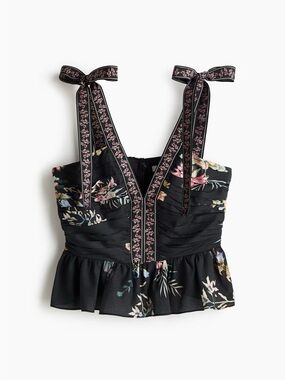 H&M Floral Tie-Strap Peplum Top – Black Multi | Romantic Cottagecore Bustier Top